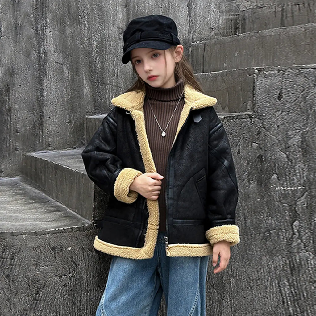 Girls Black Faux Leather Heavy Jacket With Fleece Lining Coats & Jackets Black 5-6 Y