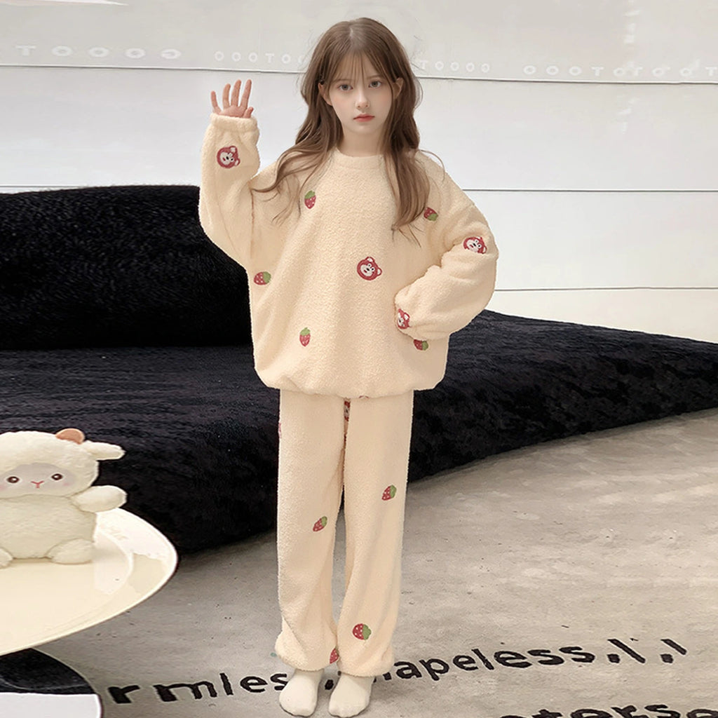 Girls Beige Strawberry Printed Oversized Sweatshirt With Pants Co-ord Sets Sets Beige 5-6 Y