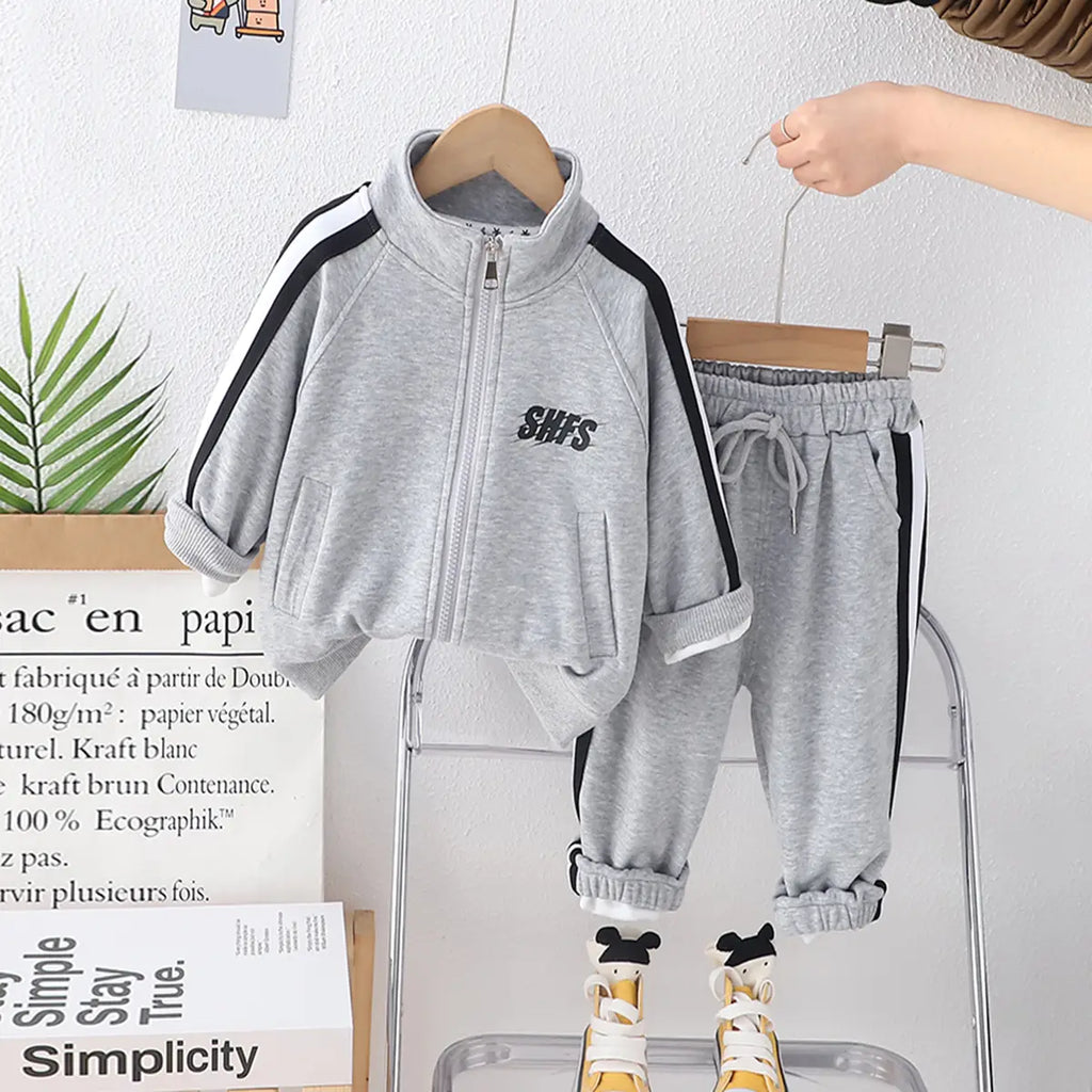 Boys Grey Typographic Printed Zipper Jacket With Jogger Co-ord Sets Sets Grey 1-2 Y
