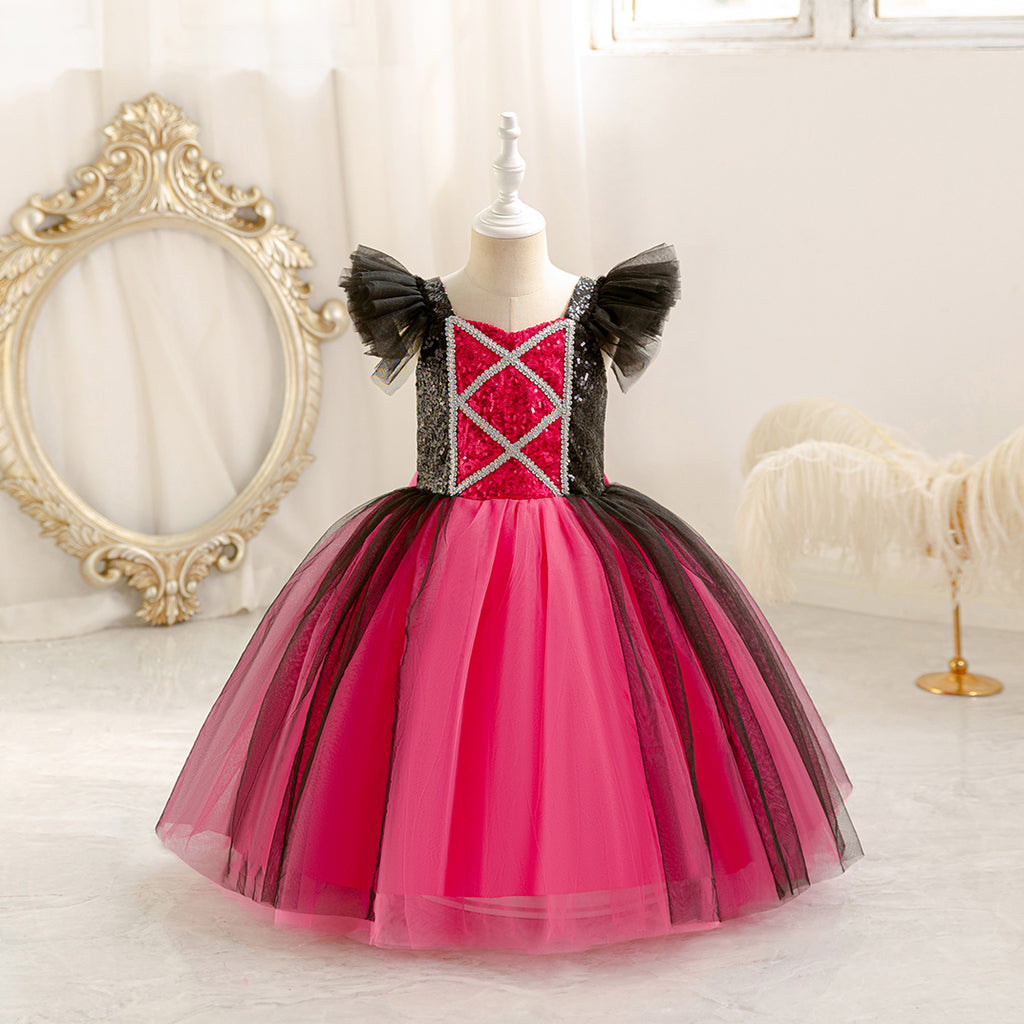 Girls Fuchsia-Black Sequins & Tulle Flutter Sleeves Party Dress Party Dresses