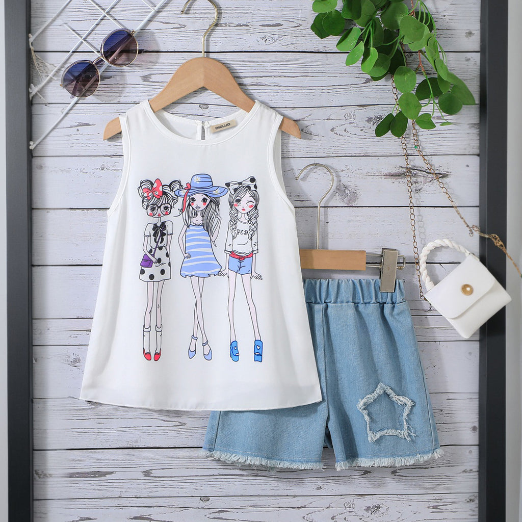 Girls White Printed Sleeveless Top with Denim Shorts Set Sets White 2-3 Y