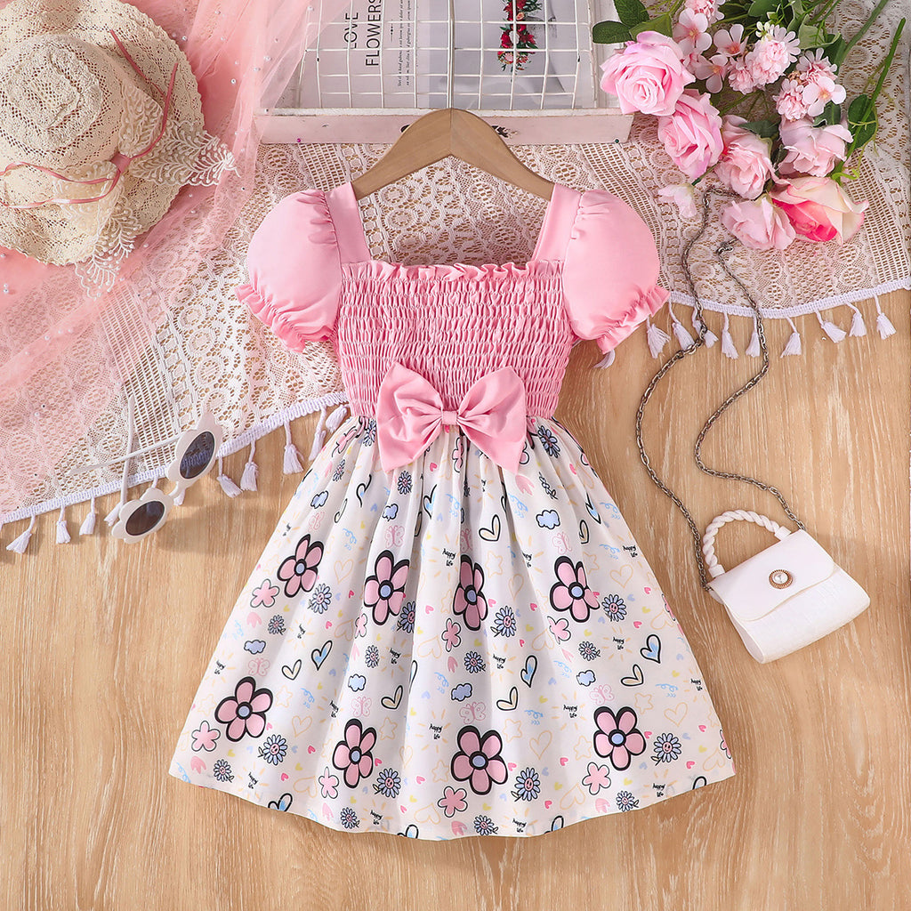Girls Pink Floral Printed Puff Sleeves Dress Casual Dresses Pink 3-4 Y