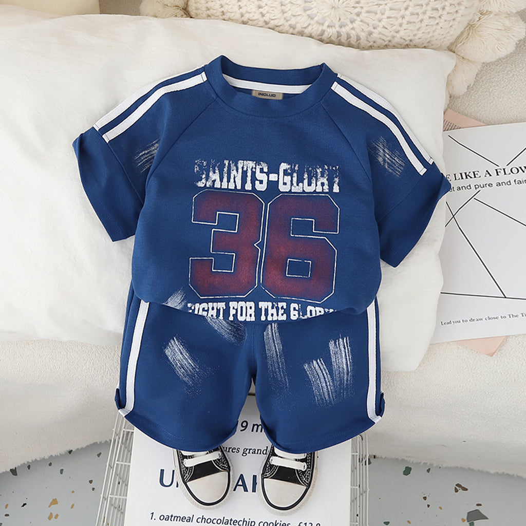 Boys Blue Shoulder Striped Raglan Sleeves T-Shirt With Shorts Set 2 pc. Sets Blue 1-2 Y