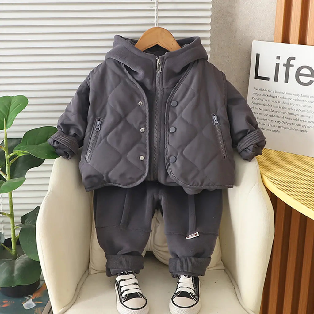 Boys Grey Self-Design Sleeveless Jacket With Sweatshirt & Pants Sets 3 pc. Sets Grey 1-2 Y