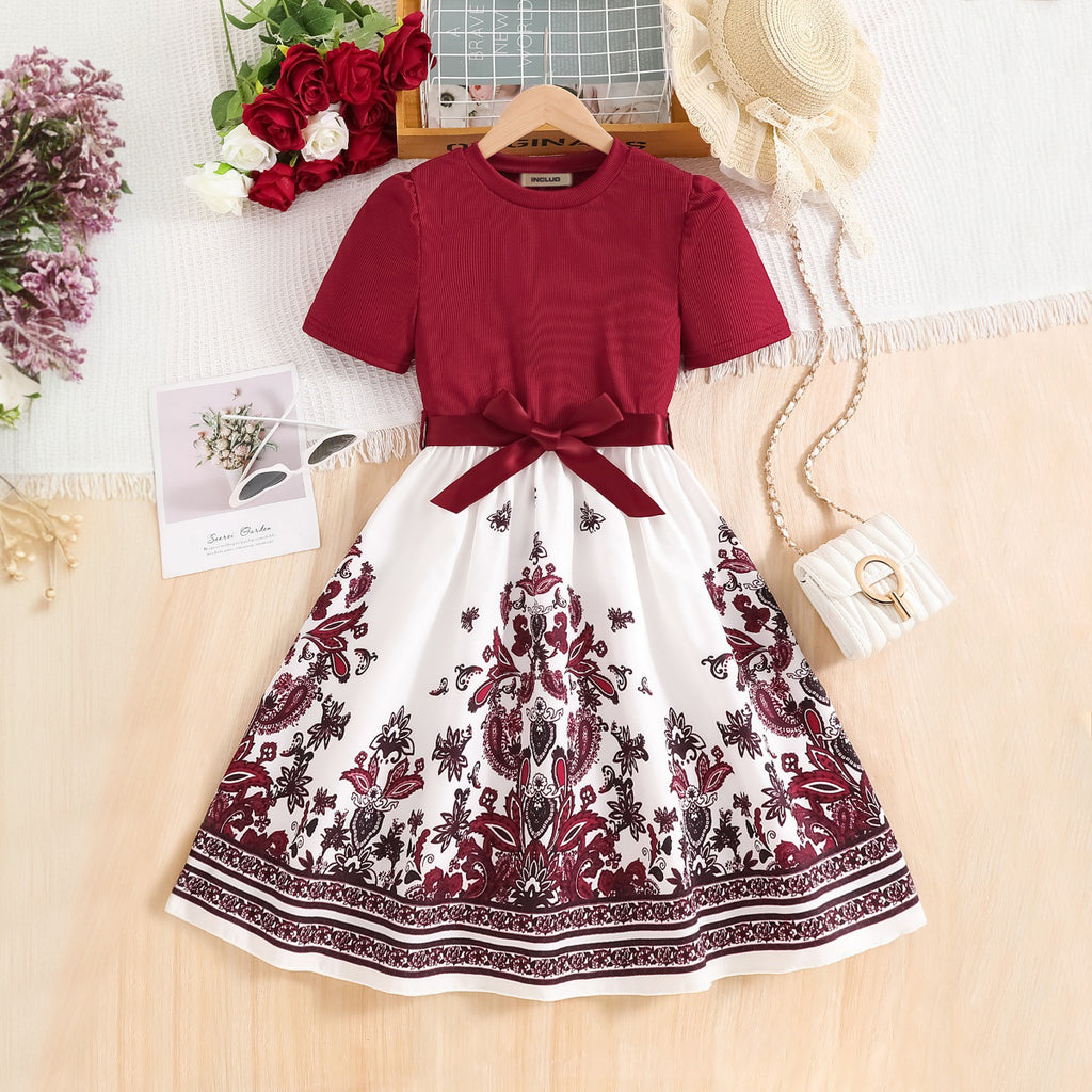 Girls Maroon Floral Printed Short Sleeves Fit And Flared Dress Casual Dresses Maroon 3-4 Y