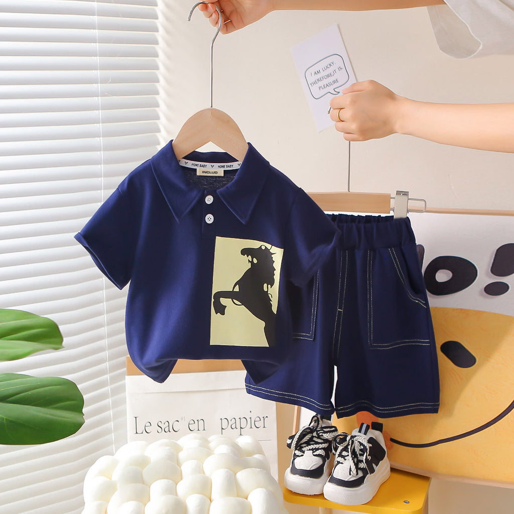 Boys Navy Blue Horse Printed Polo T-Shirt With Contrast Stitched Shorts Set 2 pc. Sets Navy Blue 1-2 Y