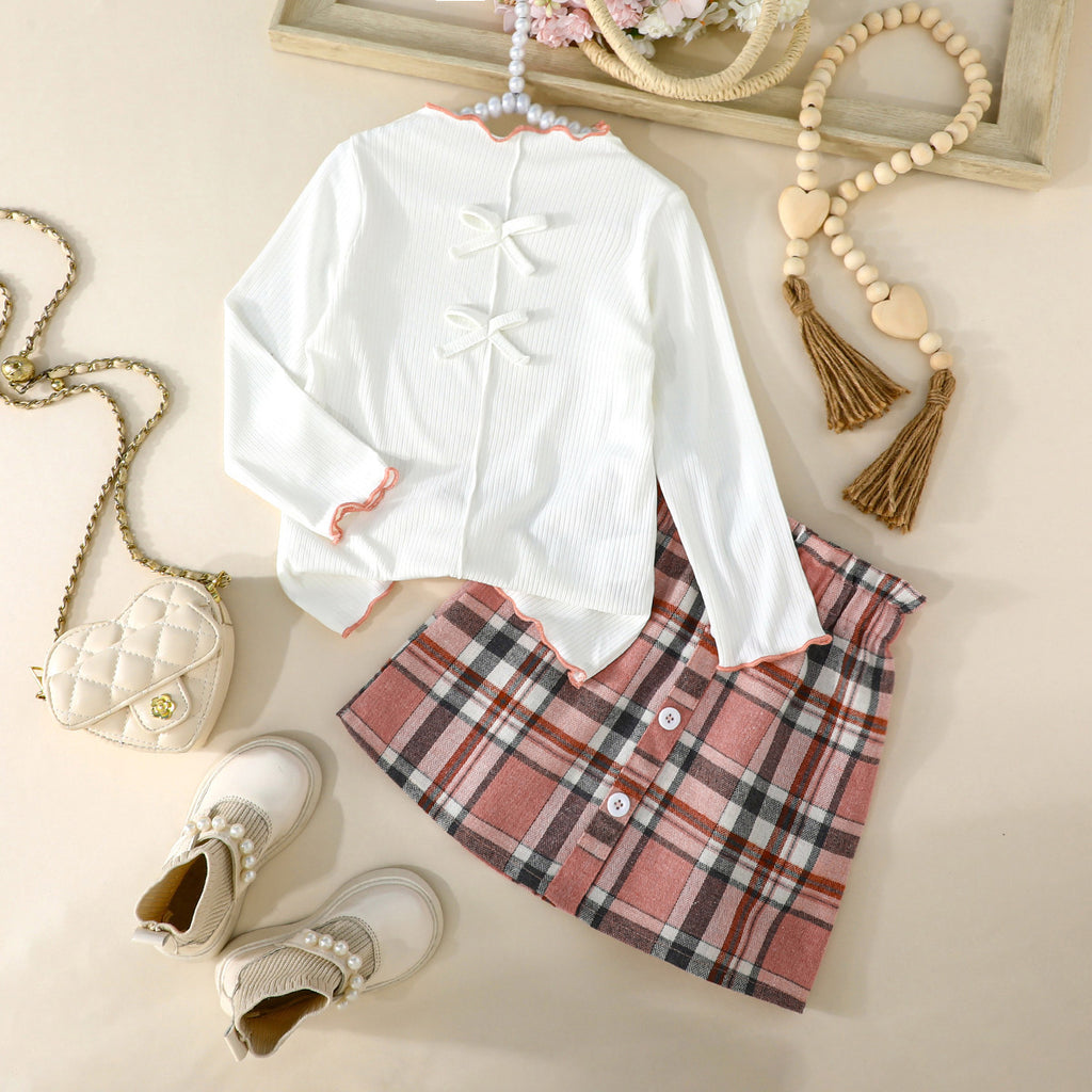 Girls Off White Long Sleeve T-Shirt With Checked Skirts Sets 2 pc. Sets Off White 3-4 Y
