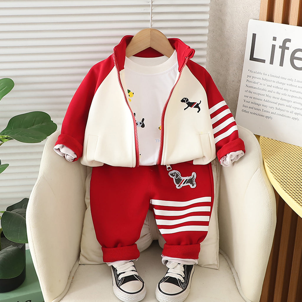 Boys Red Dog Cartoon Printed Sweatshirt With T-Shirt and Pants Set 3 pc. Sets Red 1-2 Y