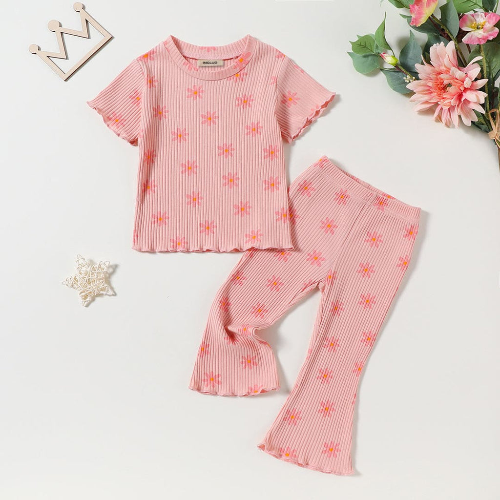 Girls Rib Knit Floral Printed Top With Flared Pants Set Sets Pink 1-2 Y 