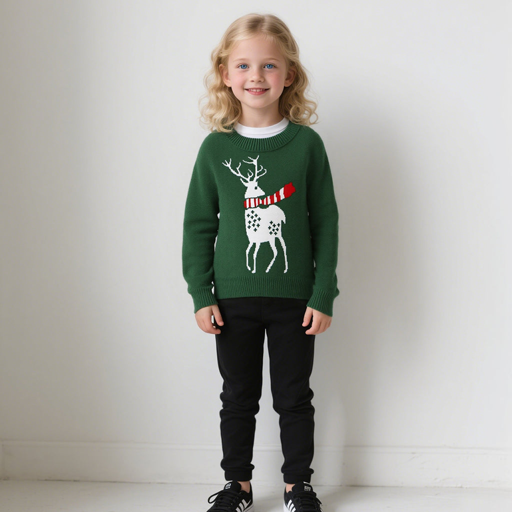 Girls Green Reindeer Self-Designed Winter Pullover Sweater Sweaters & Cardigans Green 1-2 Y