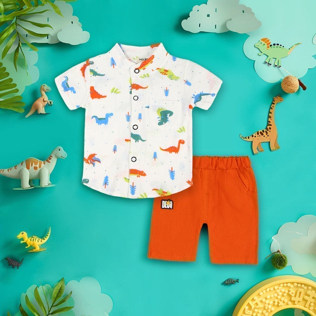 Boys White 2 Piece Set with Dinosaur Print Sets