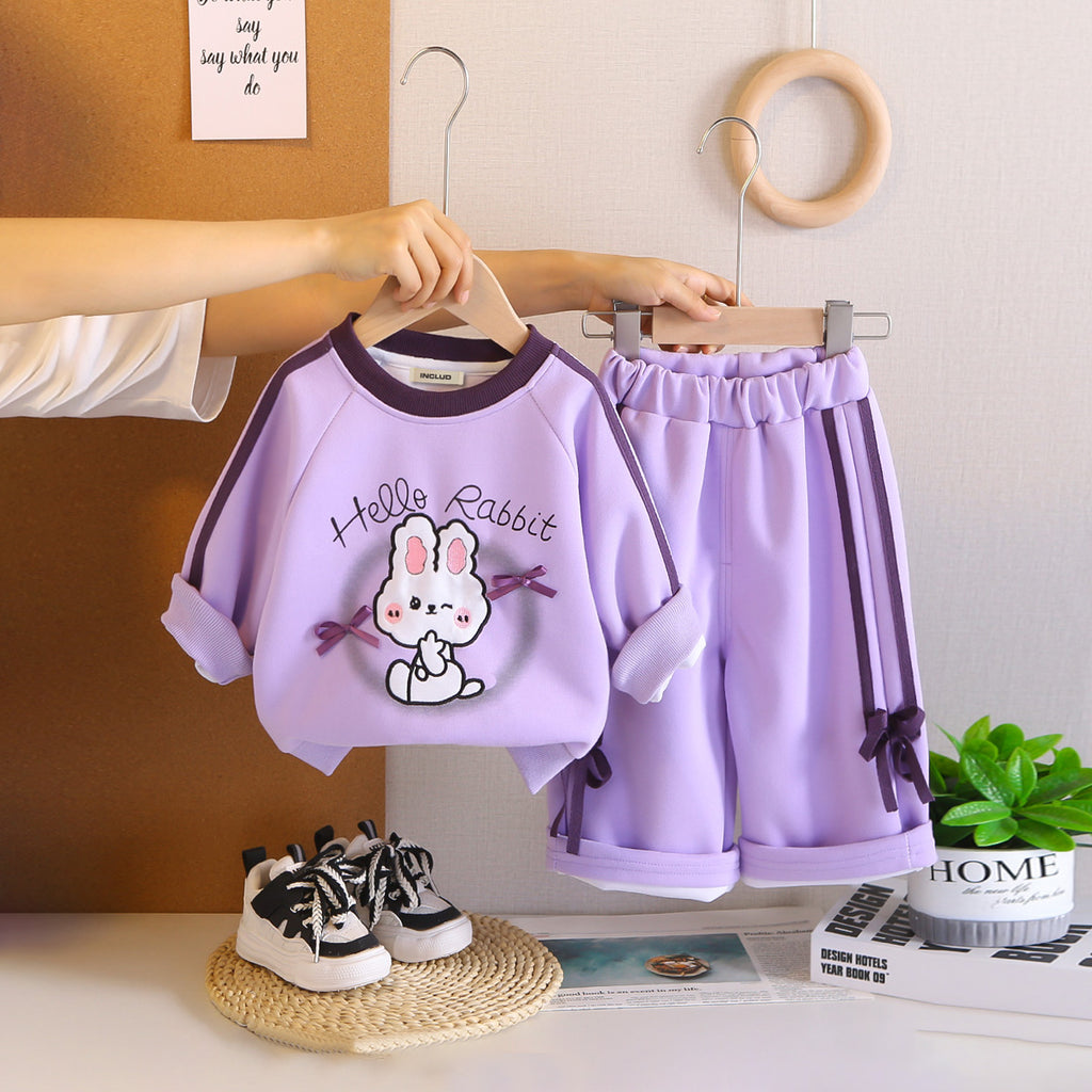 Girls Purple Rabbit Printed Sweatshirt With Pants Set 2 pc. Sets Purple 1-2 Y