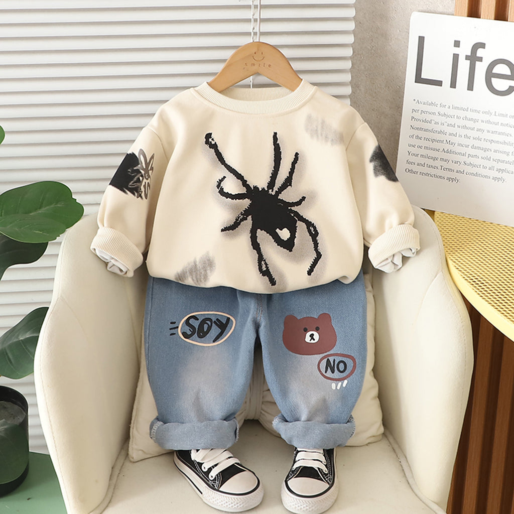 Boys Beige Spider Printed Winter Sweatshirt With Denim Pants Set 2 pc. Sets Beige 1-2 Y