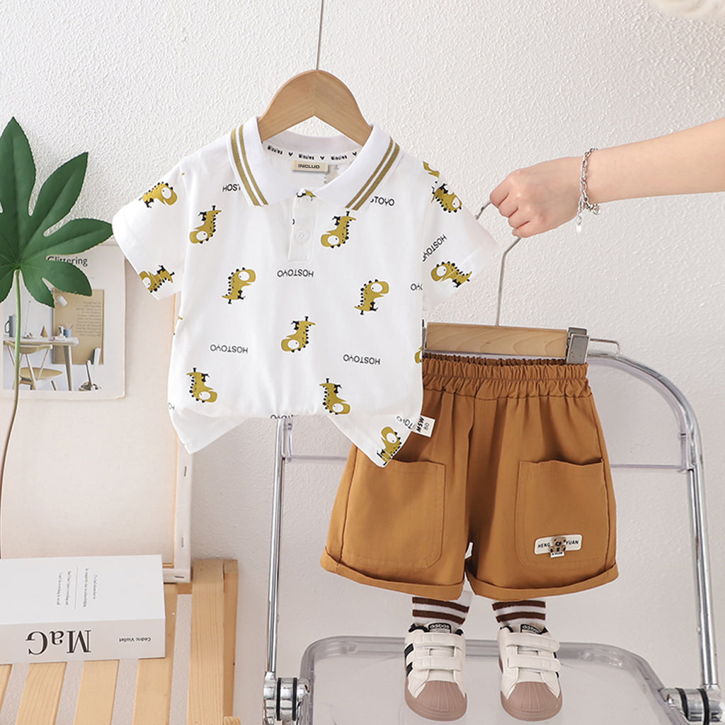 Boys Yellow Printed Short Sleeves Polo T-Shirt With Shorts Set 2 pc. Sets Yellow 1-2 Y