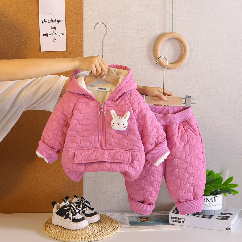 Girls Pink Rabbit Design Quilted Hoodie With Jogger Co-ord Sets Sets Pink 1-2 Y