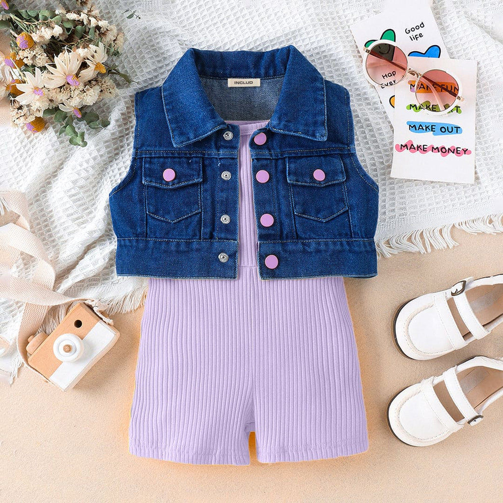 Girls Knitted Jumpsuit with Denim Shrug Set Jumpsuits Purple 4-5 Y 