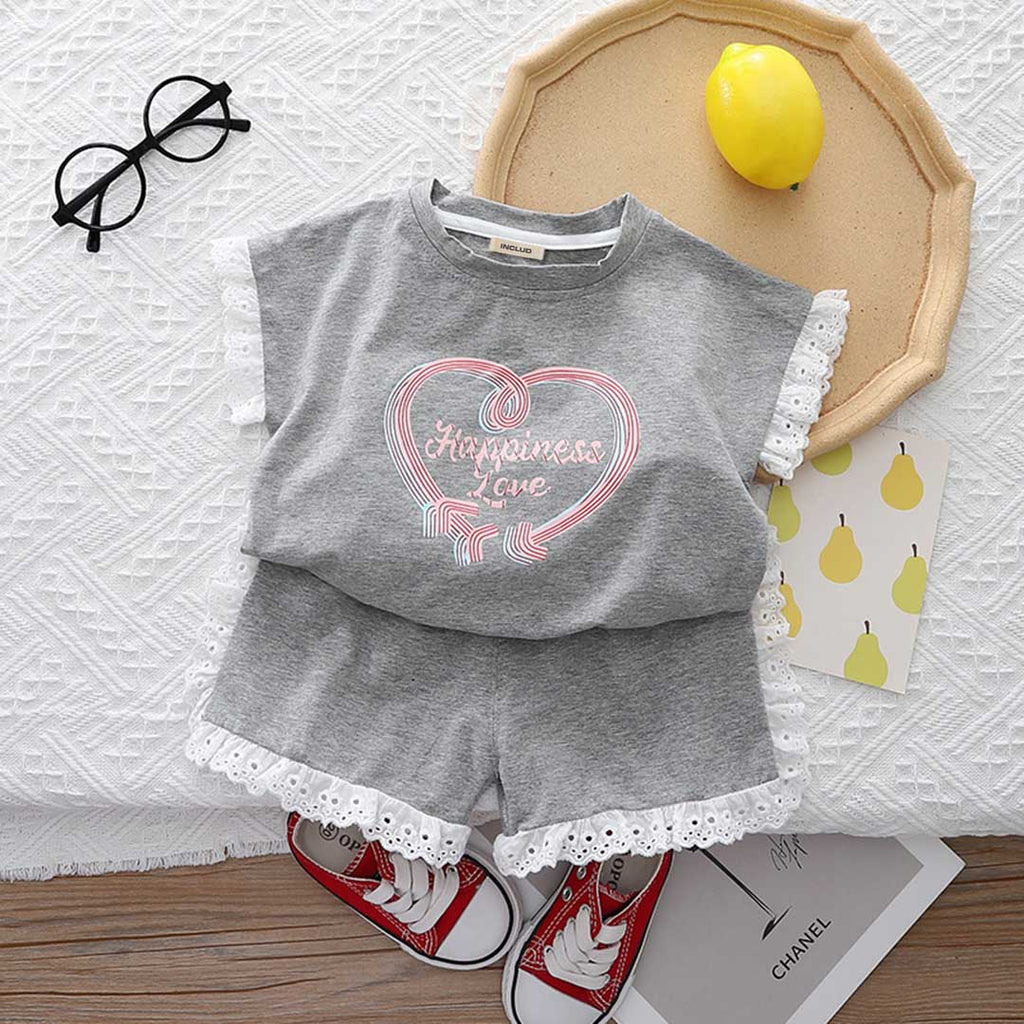 Girls Heart Print Short Sleeve T-Shirt With Shorts Set 2 pc. Sets Gray 1-2 Y 