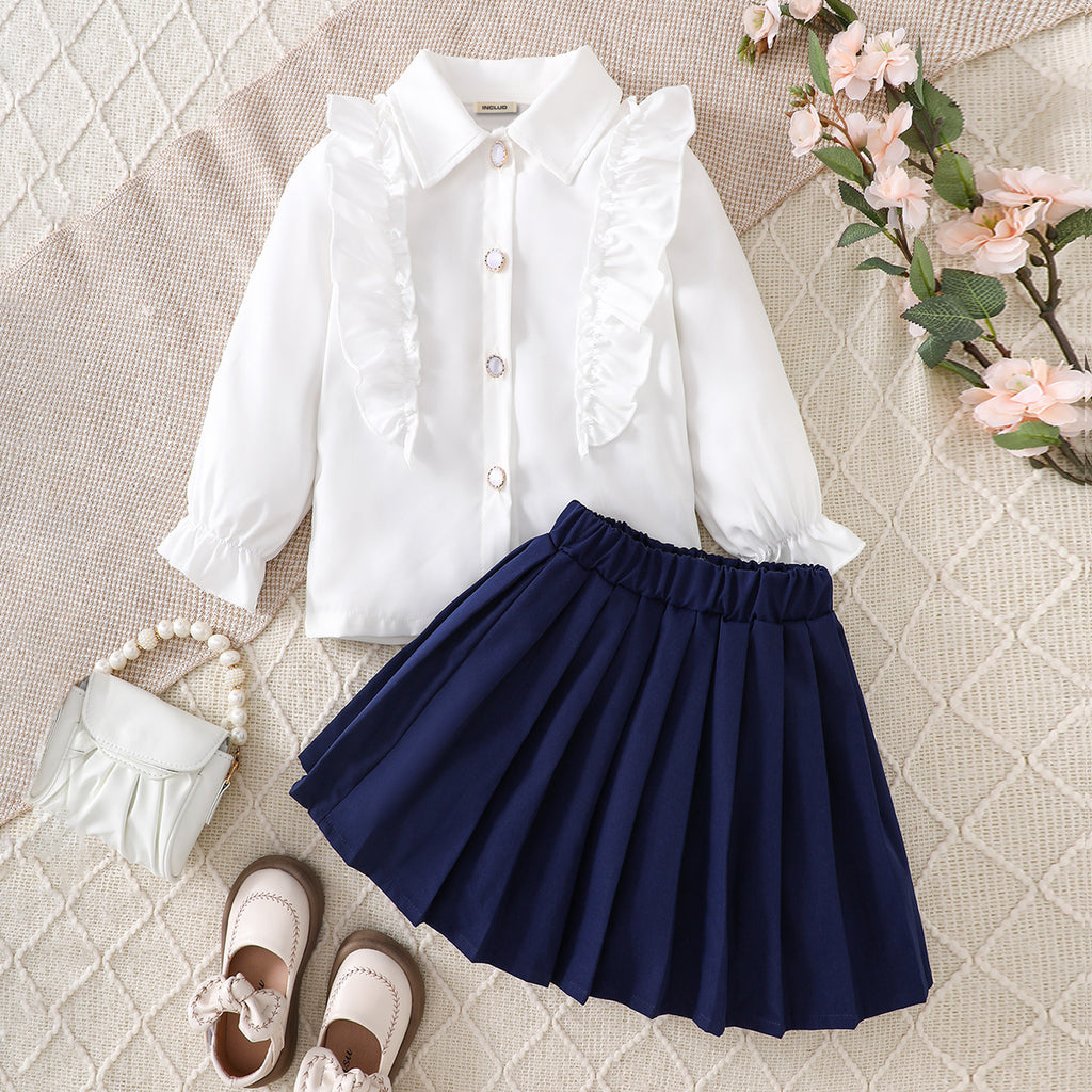 Girls Ruffle Full Sleeves Shirt with Navy Pleated Skirt Set Sets Navy Blue 3-4 Y