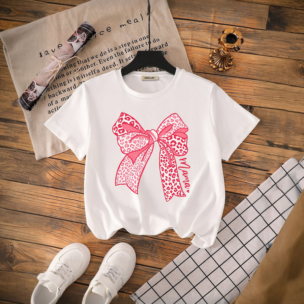 Girls White Bow Printed Short Sleeves T-Shirt Tshirts White 7-8 Y