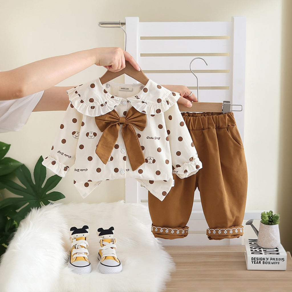 Girls Brown Polka Dot Printed Top With Bow and Pants Set 2 pc. Sets Brown 1-2 Y