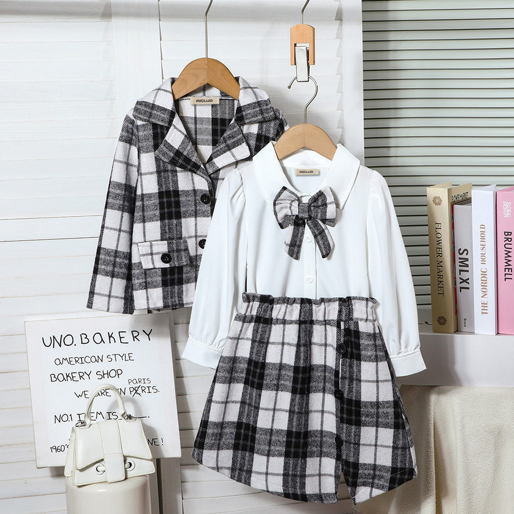 Girls White Shirt With Long Sleeve Checked Blazer & Skirts Sets 3 pc. Sets White 3-4 Y