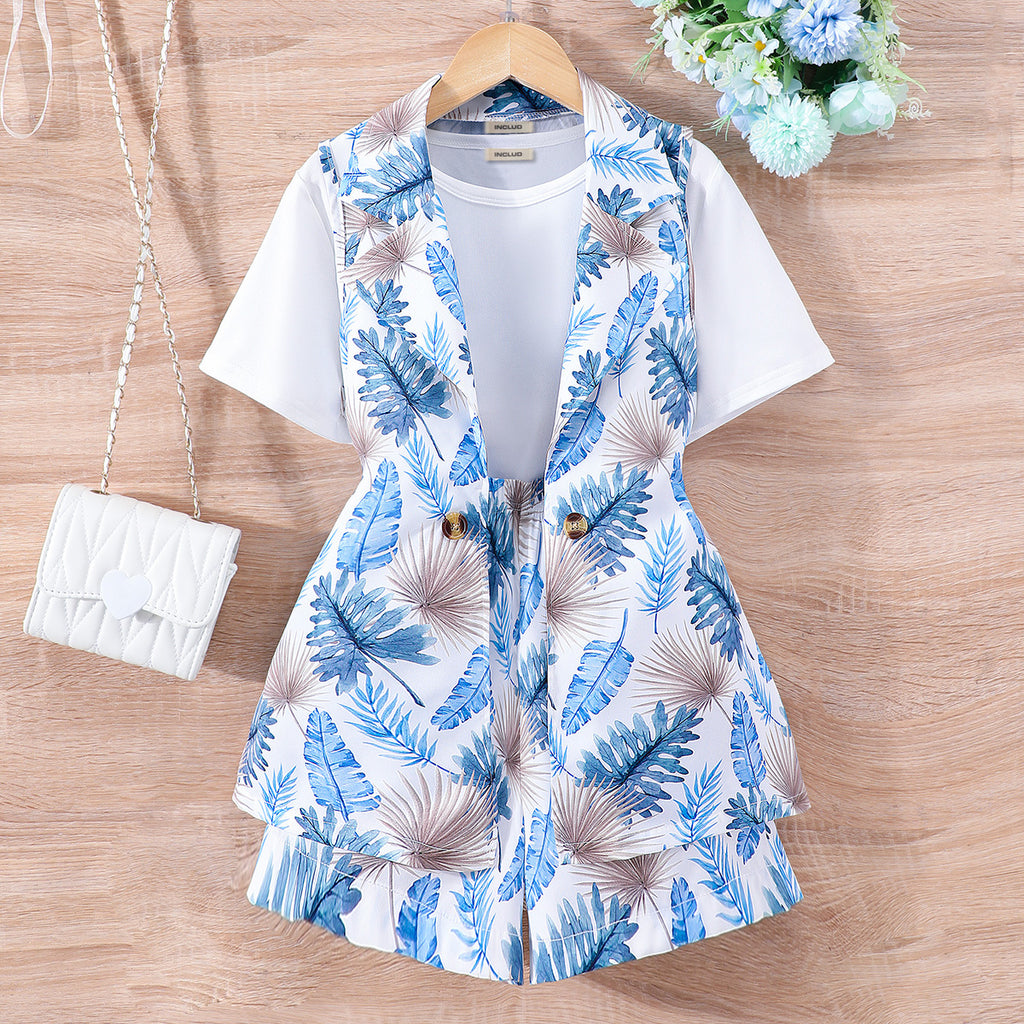 Girls Blue Tropical Print Waistcoat and Shorts with Solid Tee Set Sets Blue 7-8 Y