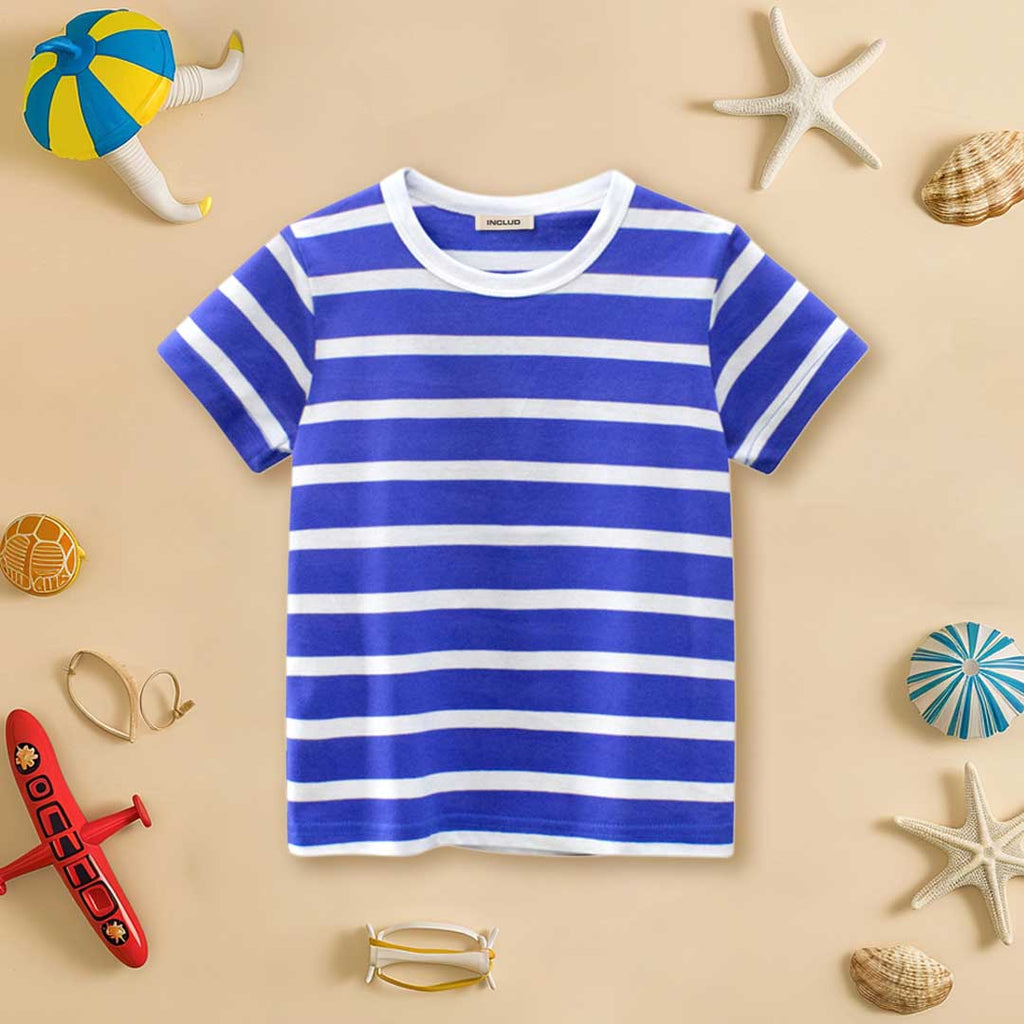 Boys Striped Short Sleeves T-Shirt Tshirts Blue 1-2 Y 