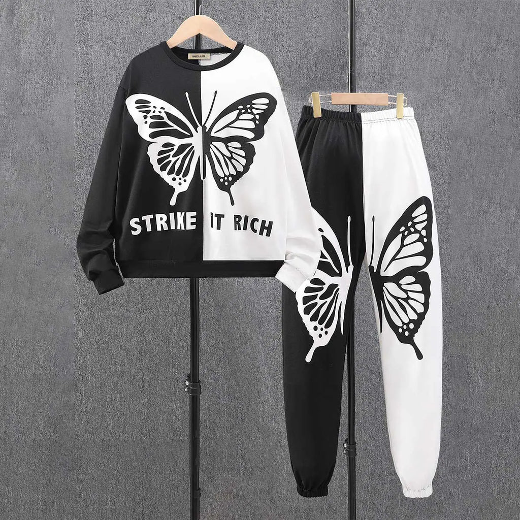 Girls Black Butterfly Printed Sweatshirt With Jogger Sets 2 pc. Sets Black 12-13 Y