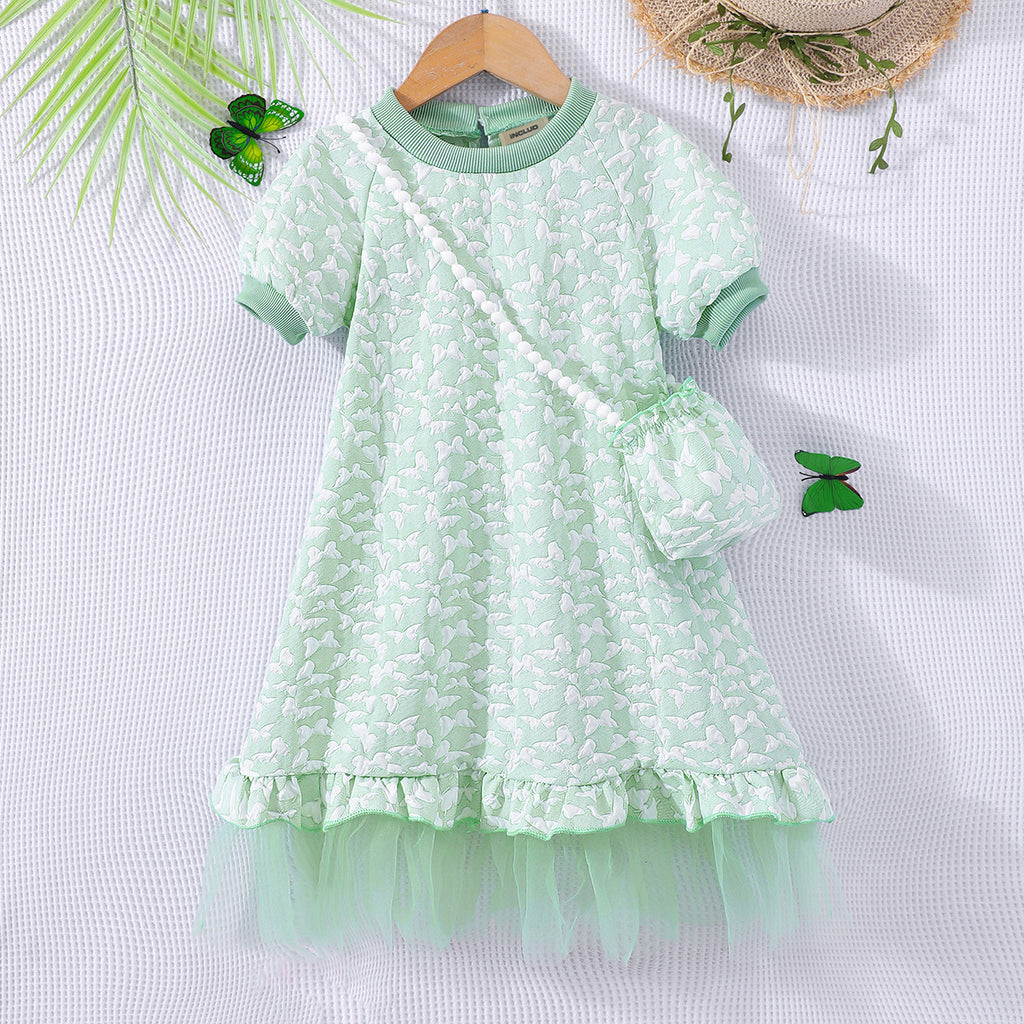 Girls Green Butterfly Textured A-line Dress with Sling Bag Casual Dresses Green 2-3 Y