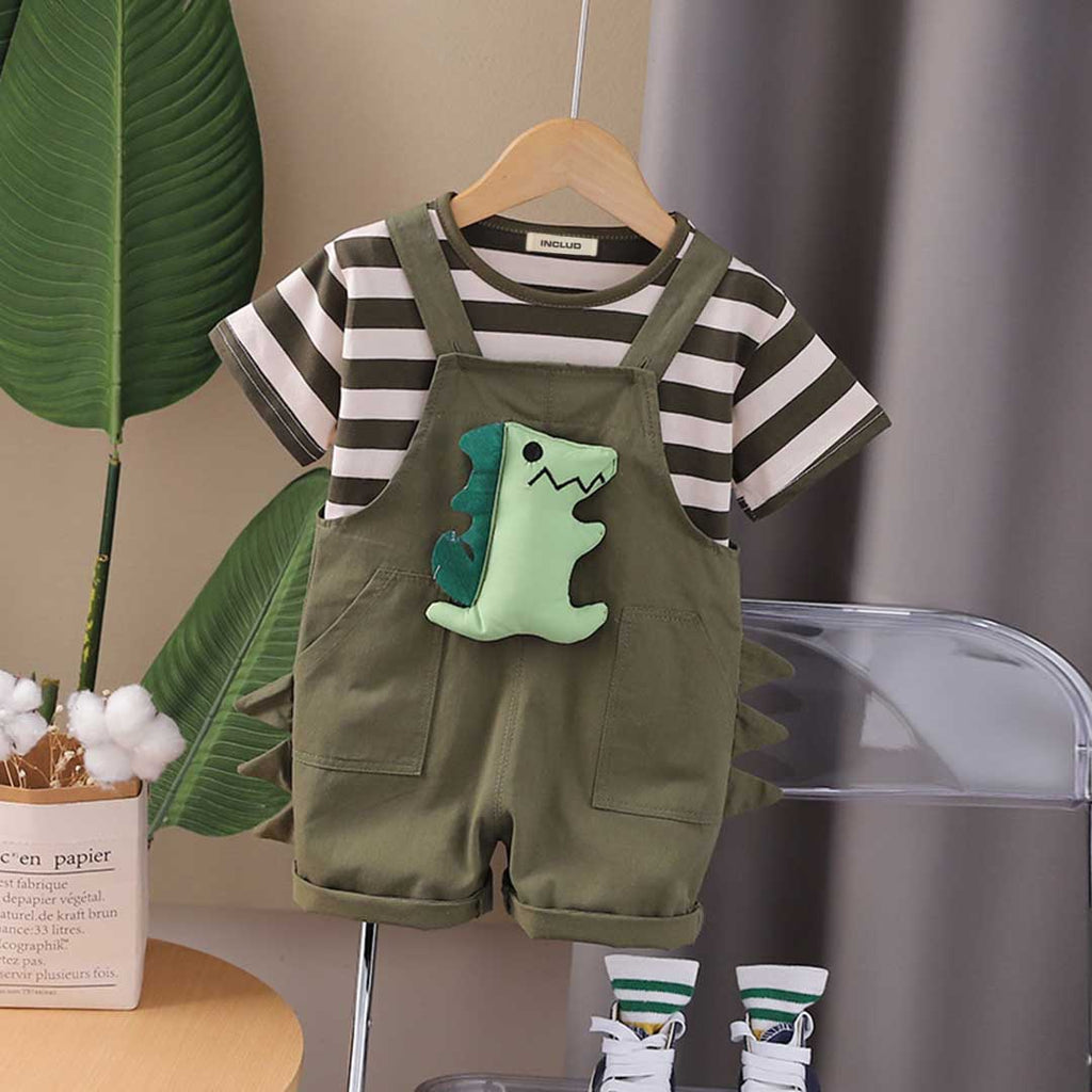 Boys Short Sleeve Striped T-Shirt With Toy Applique Dungaree Set 2 pc. Sets Green 1-2 Y 