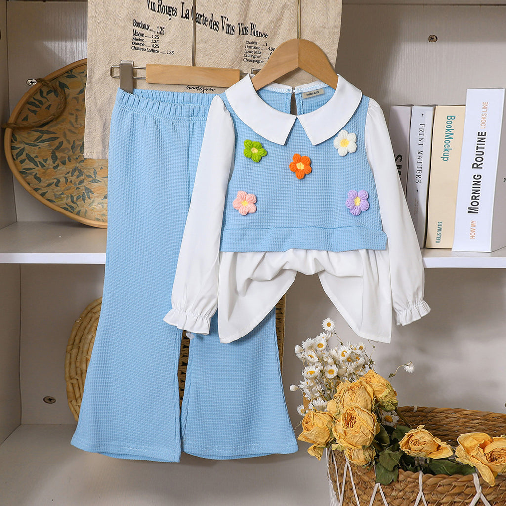 Girls Light Blue Floral Winter Tunic With Flared Hem Pants Set 2 pc. Sets Light Blue 3-4 Y