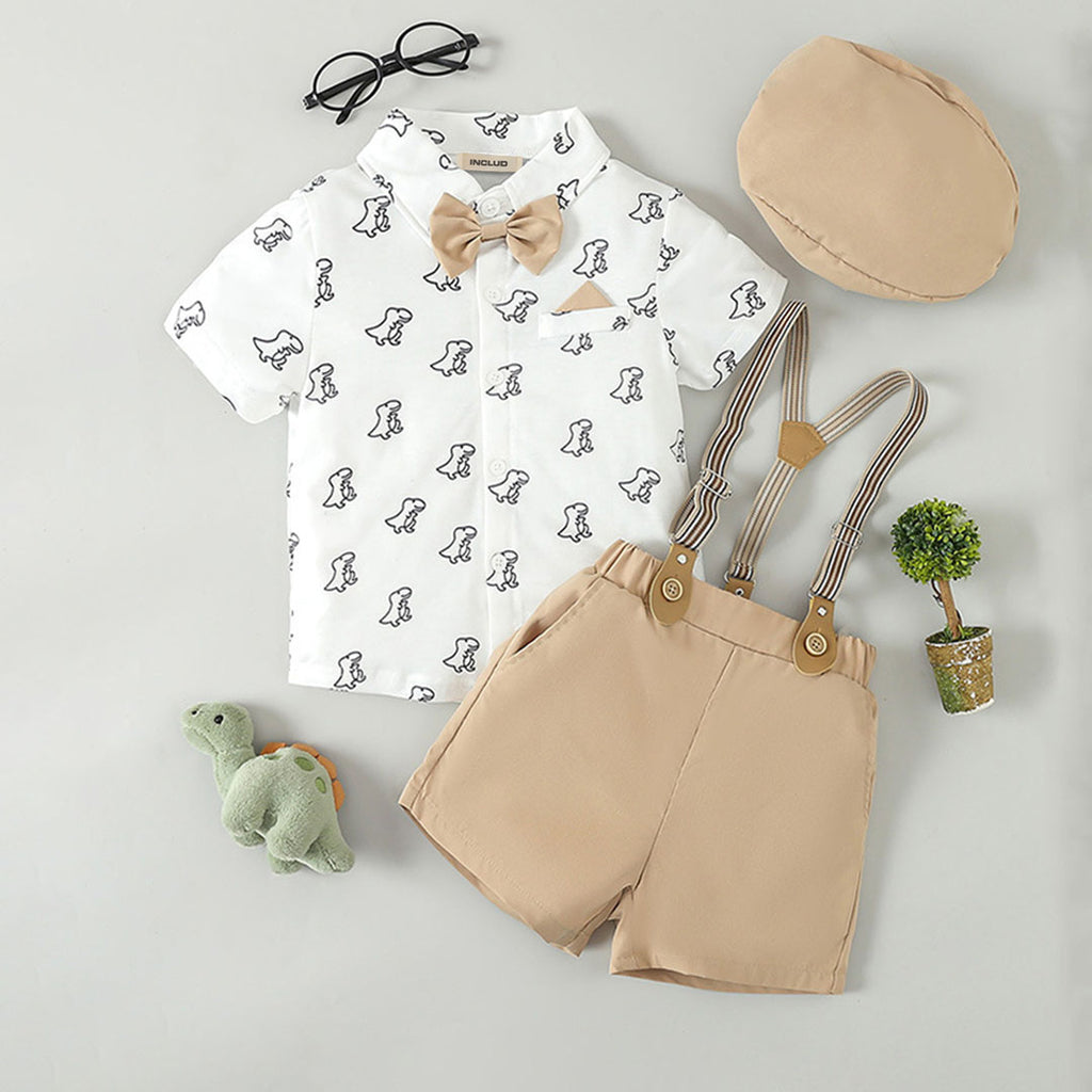 Boys Short Sleeve Printed Shirt With Khaki Suspender Shorts Set 2 pc. Sets Khaki 1-2 Y