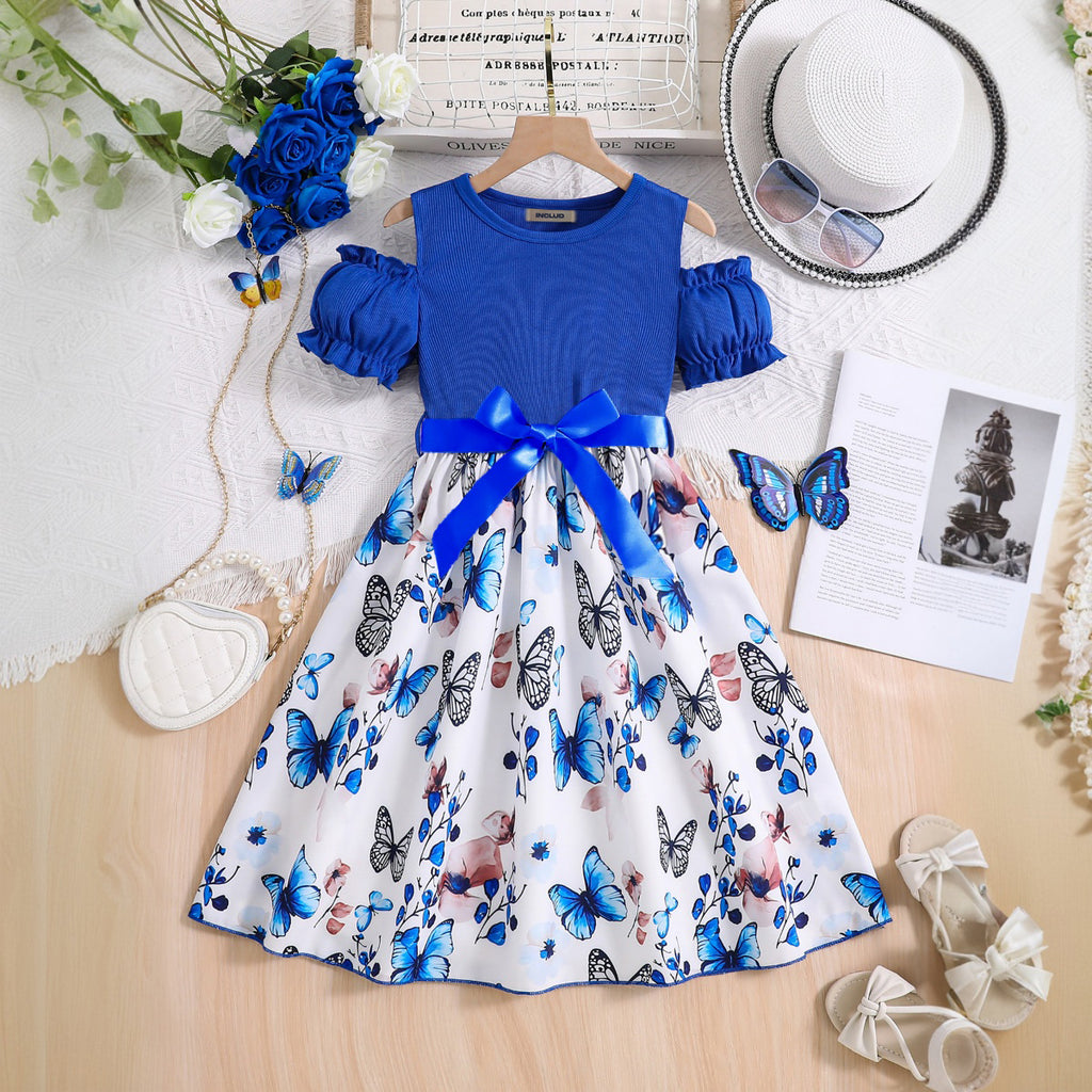 Girls Blue Butterfly Printed Cold Shoulder Fit And Flared Dress Casual Dresses Blue 3-4 Y