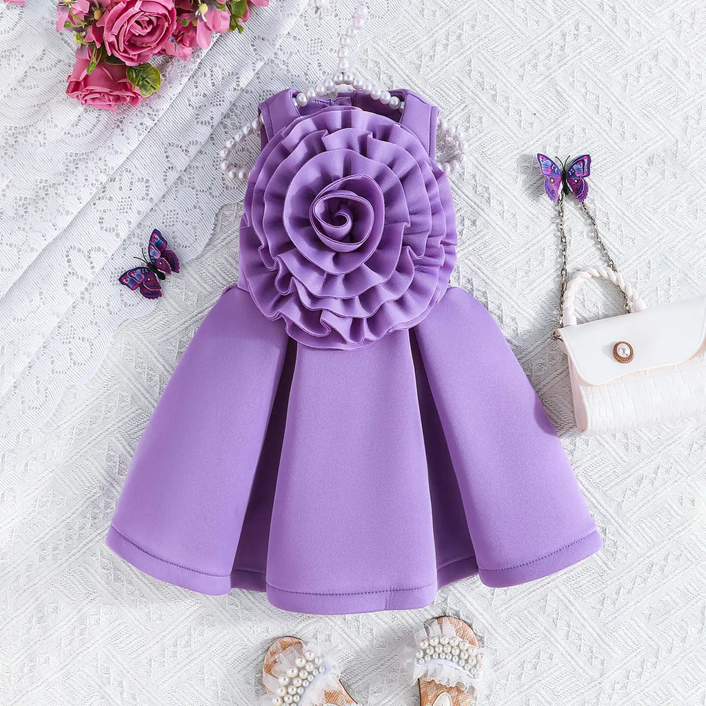 Girls Purple Sleeveless Dress with 3D Flower Embellishment Casual Dresses Purple 1-2 Y
