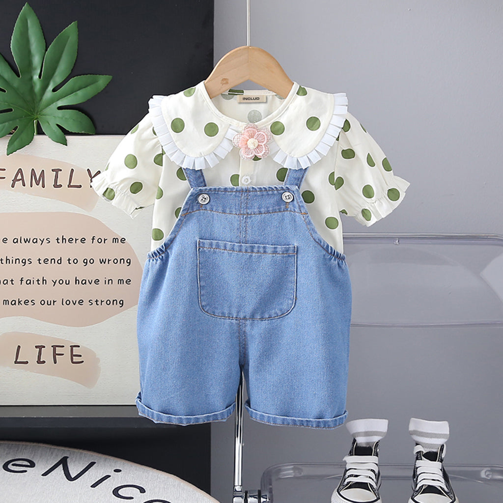 Girls Green Polk Dot Printed Puff Sleeves Top With Denim Dungaree Set 2 pc. Sets Green 1-2 Y