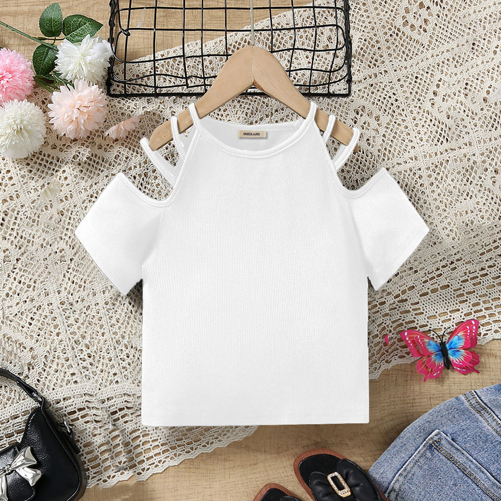 Girls White Short Sleeve Round Neck T-Shirt Tops White 8-9 Y