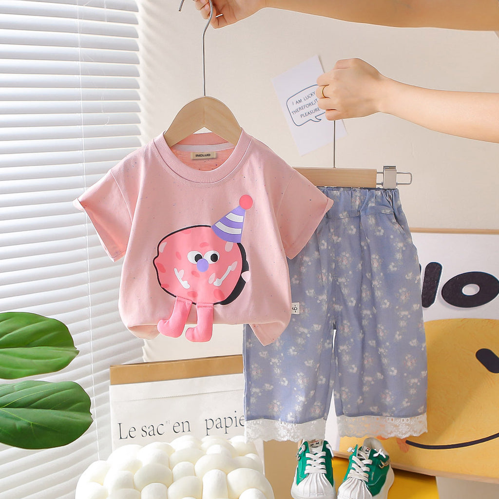 Girls Pink Cartoon Printed Short Sleeves T-Shirt With Bermudas Set 2 pc. Sets Pink 1-2 Y