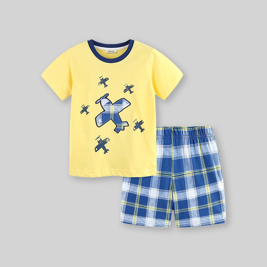 Boys Aeroplane Printed T-Shirt With Checked Shorts 2 pc. Sets Yellow 1-2 Y 