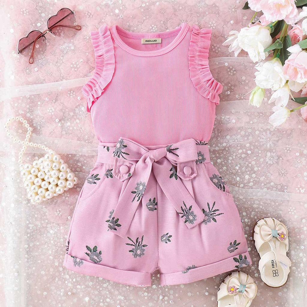 Girls Sleeveless Top With Floral Printed Shorts & Belt 3 pc. Sets Pink 1-2 Y 