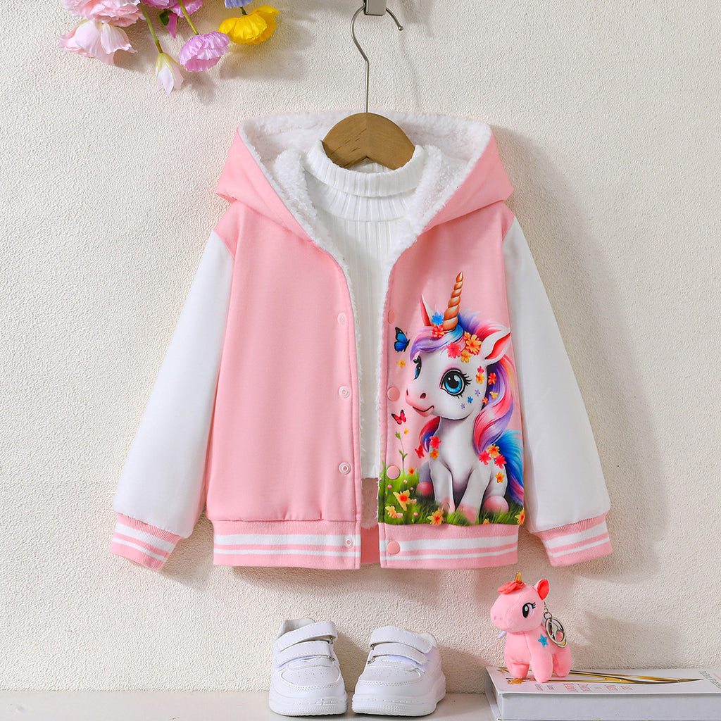 Girls Pink Unicorn Printed Front Open Winter Jacket Coats & Jackets Pink 3-4 Y