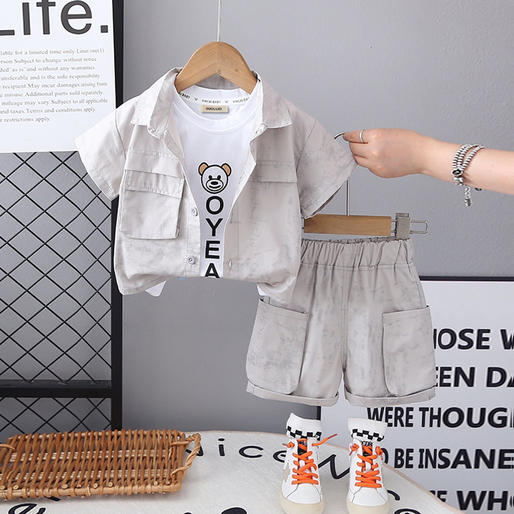 Boys Grey Tie & Dye Printed Shirt With Inner Tee And Cargo Shorts Set 3 pc. Sets Grey 1-2 Y