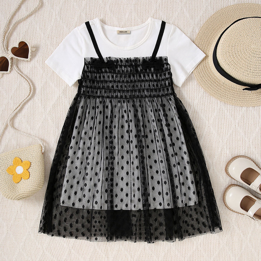 Girls Black & White T-shirt Dress with Embroidered Tulle Overlay Casual Dresses Black 6-9 M