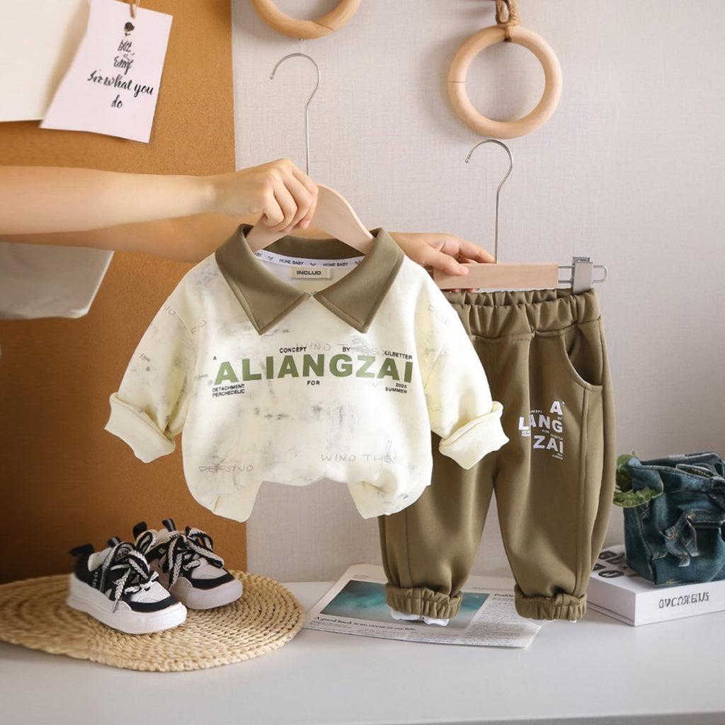 Boys Green Printed Polo Sweatshirt with Pants Sets 2 pc. Sets Green 1-2 Y