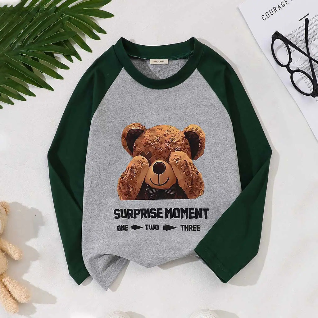 Girls Grey Teddy Bear Printed Raglan Sleeves T-Shirt Tshirts Grey 3-4 Y