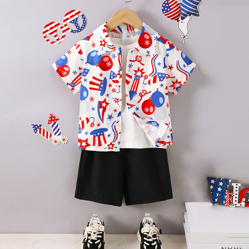 Boys White Printed Short Sleeve Shirt With Elasticated Shorts Set 2 pc. Sets White 3-4 Y