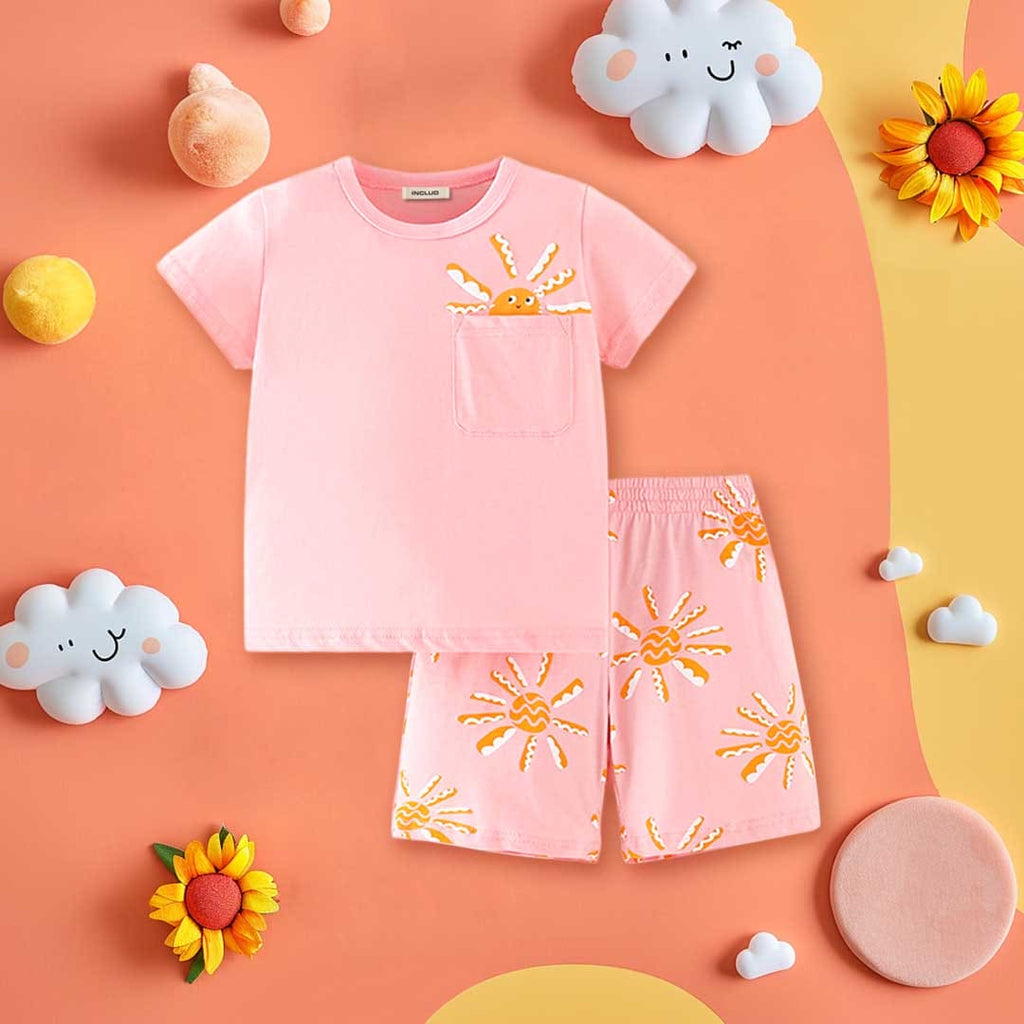 Girls Sun Print T-Shirt with Shorts Set Sets Pink 1-2 Y 