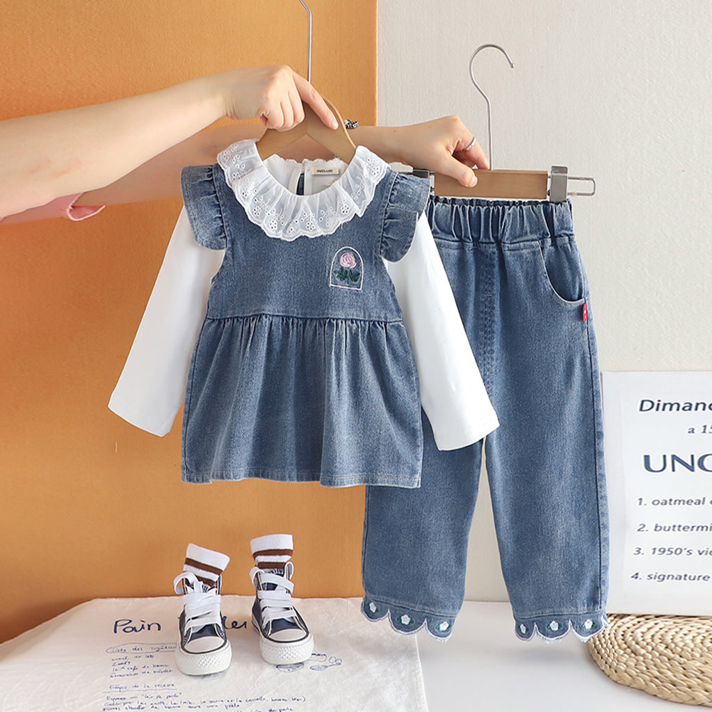 Girls Blue Solid Denim Tunic With T-Shirt & Denim Pants Set 2 pc. Sets Blue 1-2 Y