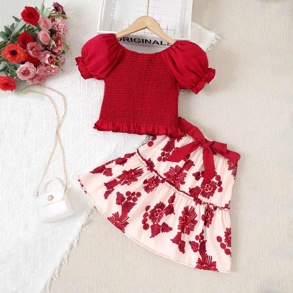 Girls Red Raglan Puff Sleeves Smocked Top With Skirt Set 2 pc. Sets Red 7-8 Y