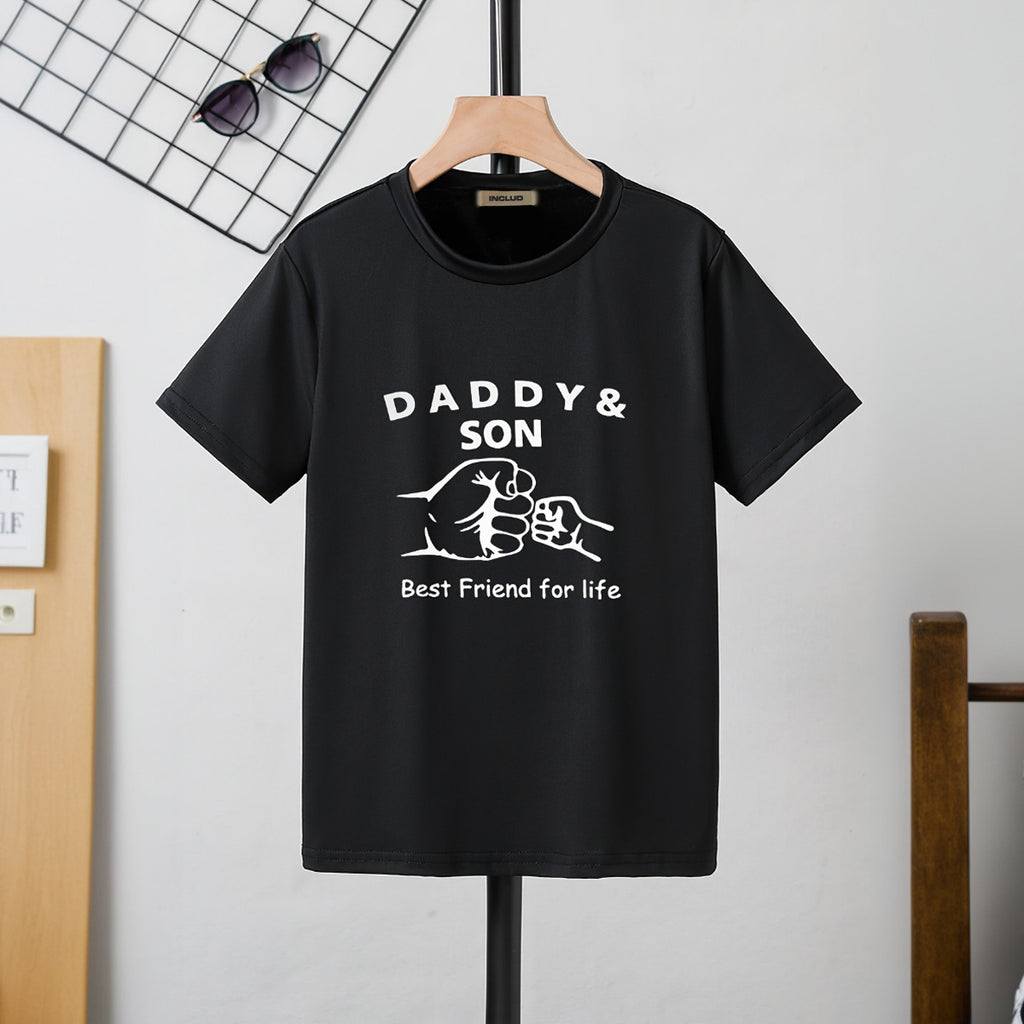 Boys Black Dad & Son Print Short Sleeve T-Shirt Tshirts Black 5-6 Y