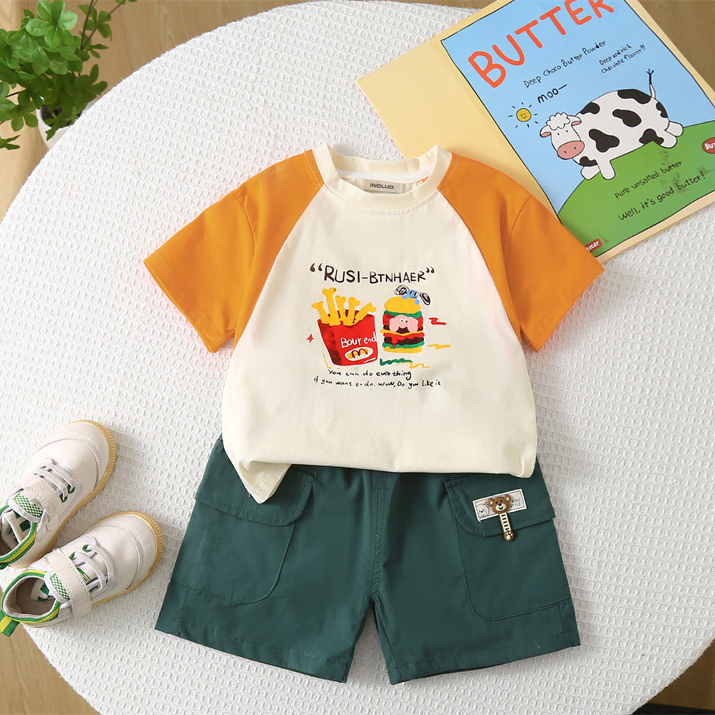 Boys Orange Raglan Sleeves Printed T-shirt with Shorts Set Sets